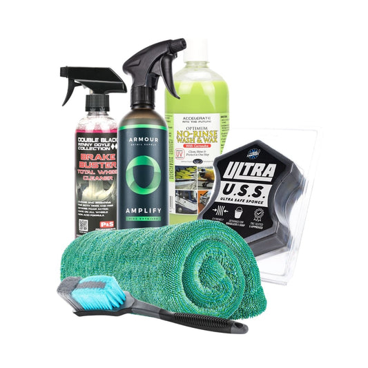 Emerald 777 car detailing kit with Optimum No Rinse, P&S Brake Buster wheel cleaner, Armour Amplify detail spray, ULTRA Safe Sponge and microfiber drying towel