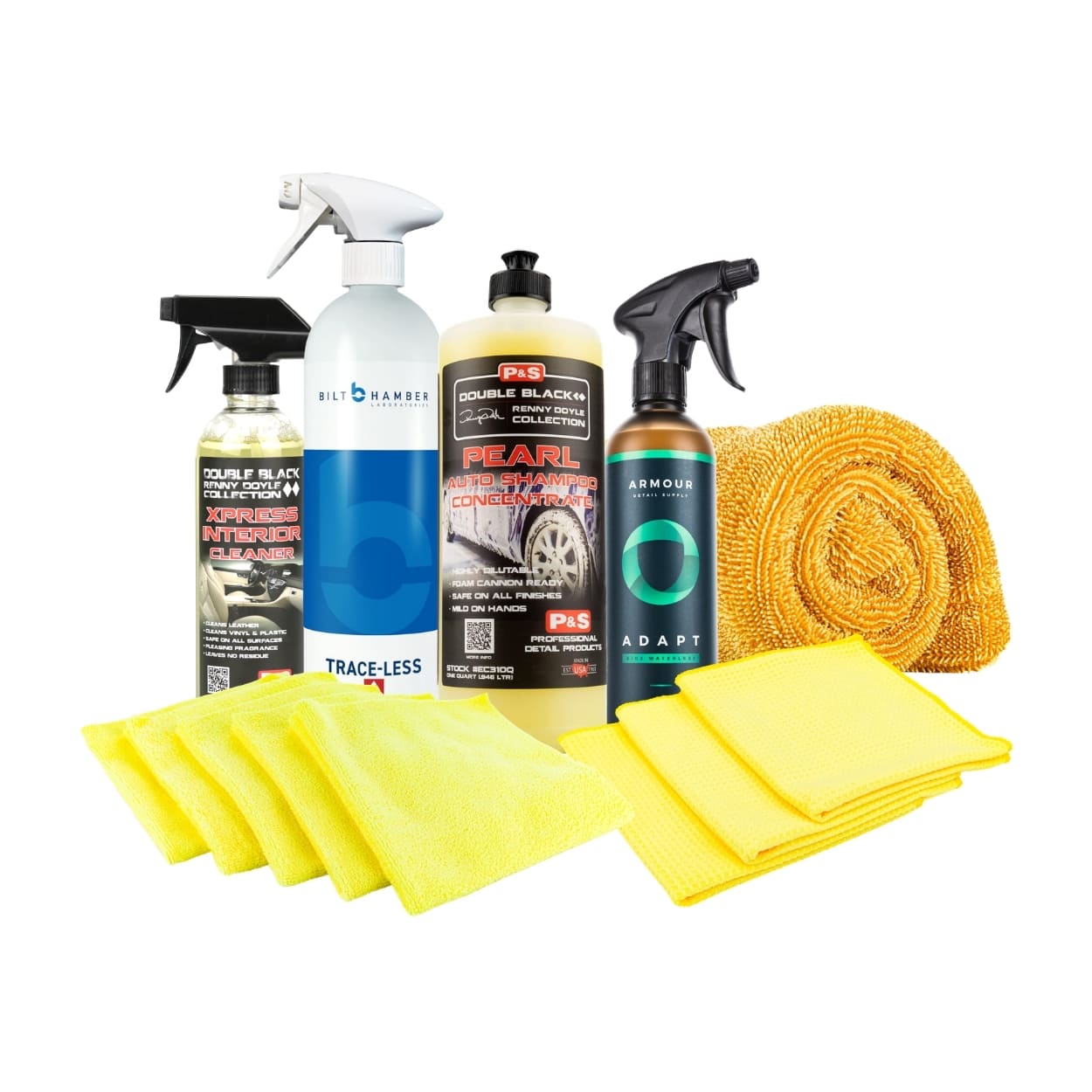 Pot of Gold 777 car detailing kit with Pearl Auto Shampoo, Adapt Waterless Wash, Xpress Interior Cleaner, Trace-Less glass cleaner and microfiber towels